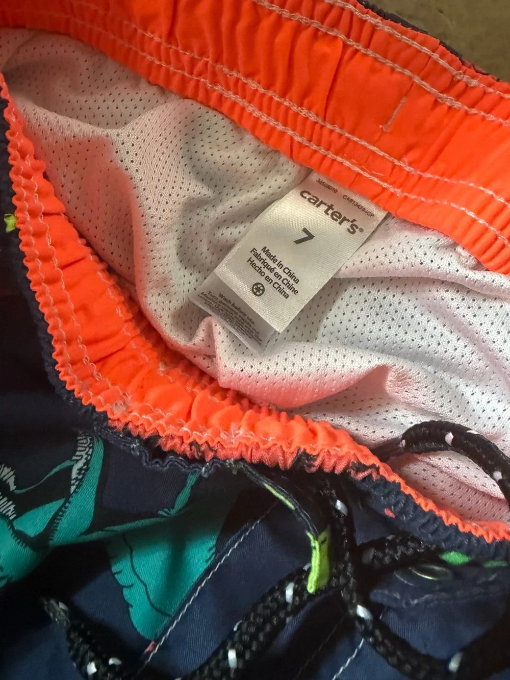 Carter's Navy Dinosaur Swim Shorts with Neon Green, Teal & Coral Prints